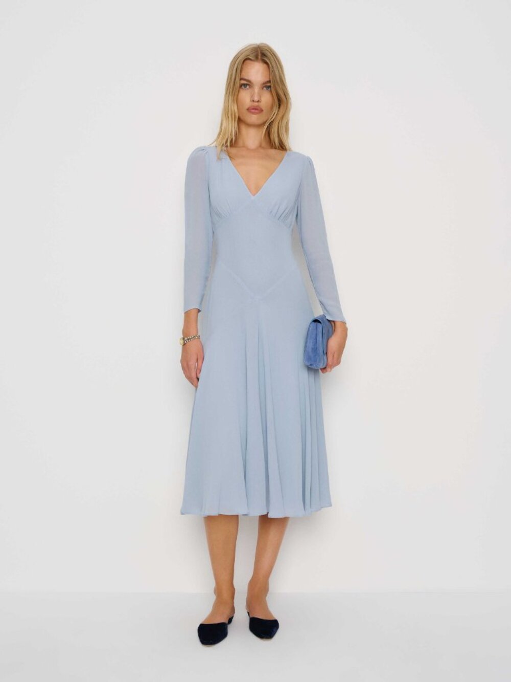 Reformation Maureen V-Neck Long Sleeve Midi Dress in